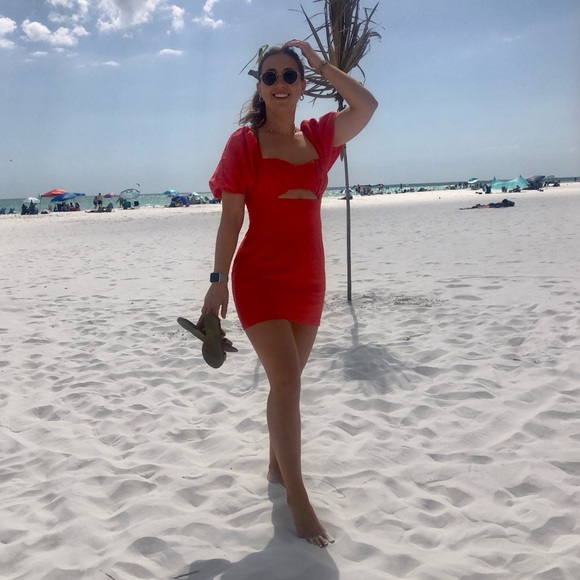 Puff Sleeve Mini Dress Coral Orange - Picture 1 of 5